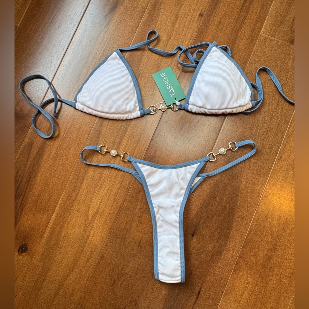NWT TASHEHE Blue and White Ribbed Thong Bikini - Picture 8 of 16